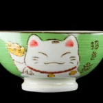 Cuenco de Arroz kawaii Maneki Neko verde de cerámica